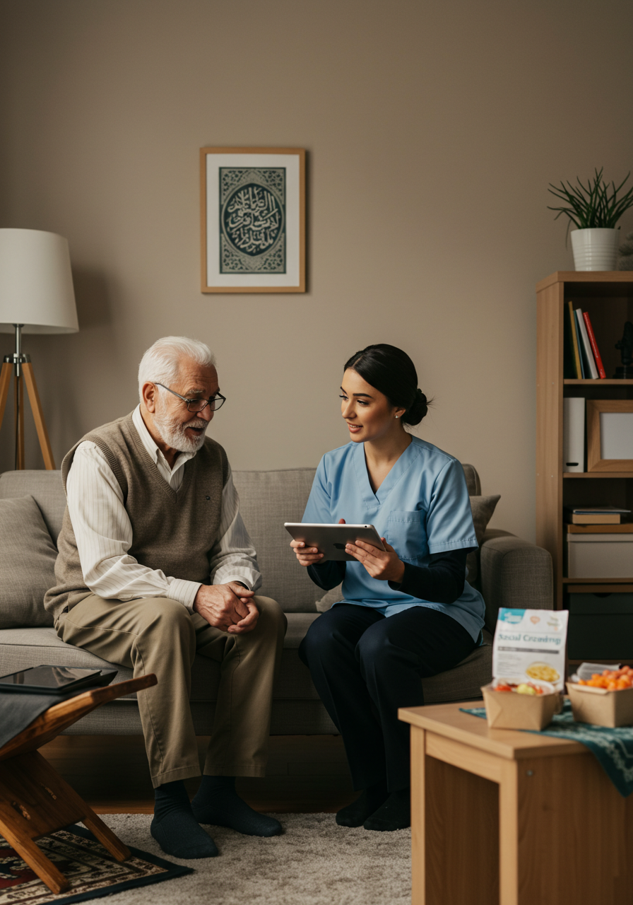 An elder and caregiver speaking together